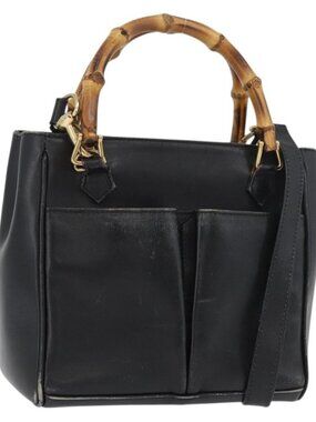 GUCCI Bamboo Hand Bag Leather 2way Black Gold 001 123 1638 Auth 175334